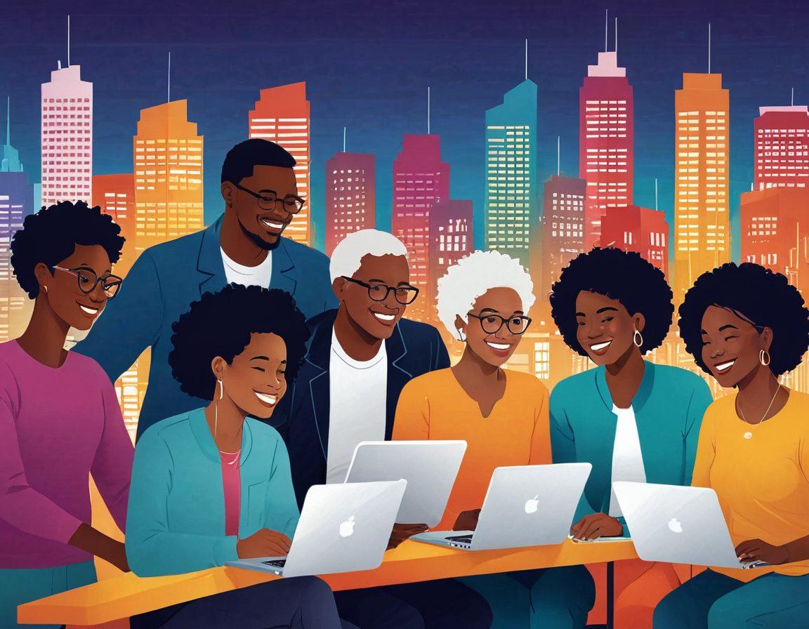 A dynamic illustration of diverse people engaging in a community network, with digital connections symbolized by glowing lines. Show a mix of age and ethnicity, smiling and collaborating. Add elements like laptops and tablets representing modern technology, set against a backdrop of a vibrant cityscape. Emphasize unity and empowerment with warm, inviting colors. vector art. vibrant colors.