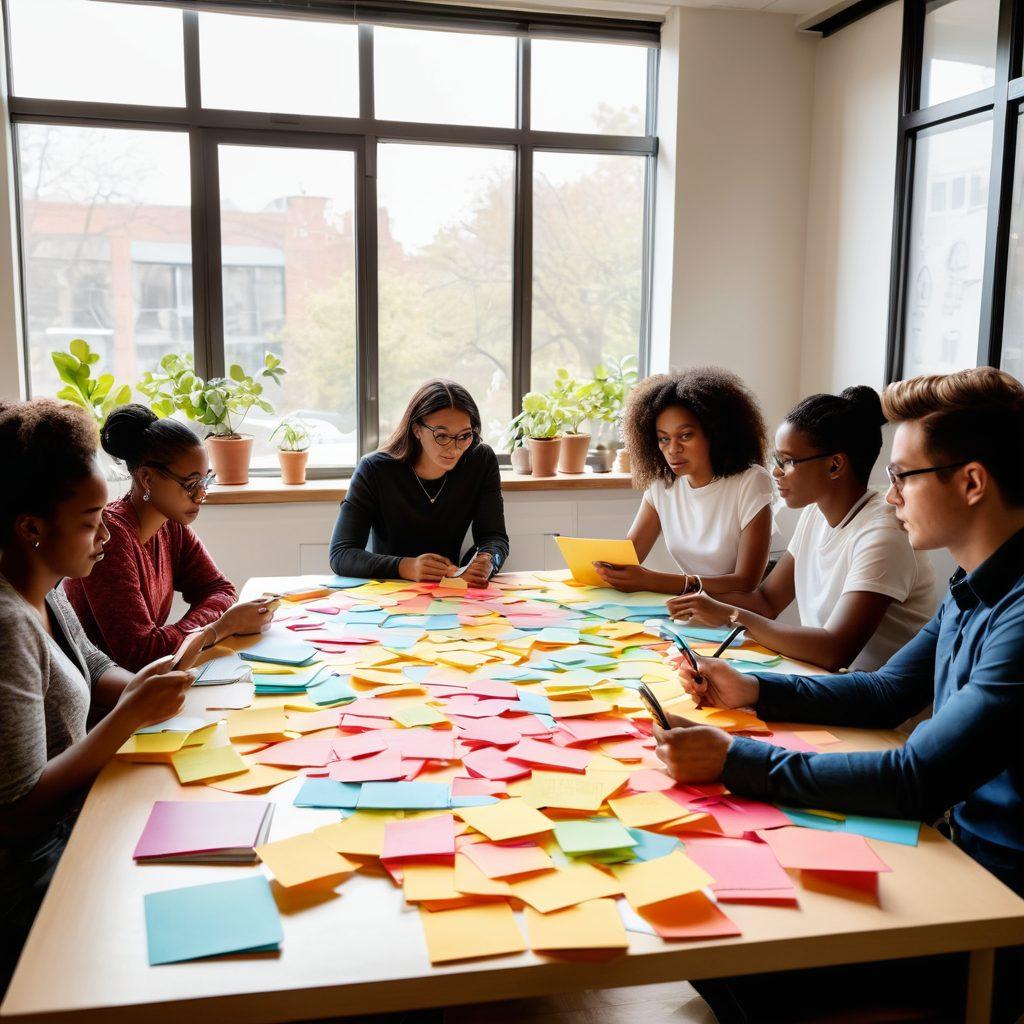 A diverse group of individuals engaged in a dynamic brainstorming session, surrounded by open books and digital resources symbolizing advocacy and mentorship. Incorporate elements of collaboration and inspiration, such as sticky notes and a whiteboard filled with ideas. The scene is set in an inviting, modern workspace with natural light streaming in. super-realistic. vibrant colors. white background.