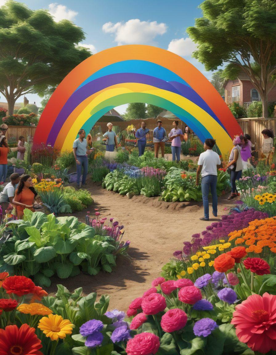 A diverse group of people from various backgrounds collaborating in a vibrant community garden, surrounded by colorful flowers and vegetables. They are sharing resources, tools, and smiles, symbolizing unity and collective action. In the background, a rainbow-colored banner reads 'Empowering Communities'. Bright, lively atmosphere with rich, warm colors. super-realistic. vibrant colors. 3D.